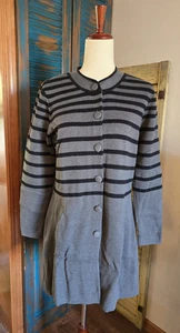 Liz Claiborne NY Knopf Pullover Mantel Tunika Oberteil Damen S grau schwarz Streifen adrett - Bild 1 von 13