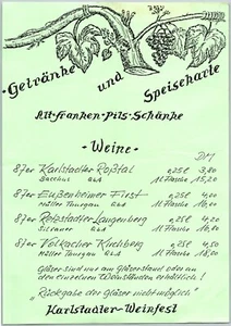 Germany Old Franconia Beer Tavern Karlstadt Wine Festival List and Menu 1980s - Picture 1 of 4
