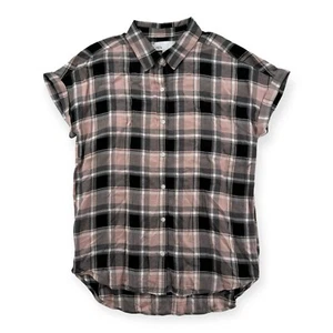 Nordstrom Rack Shirt Womens Medium Plaid  Long High Low Button Up Short Sleeve - Picture 1 of 6