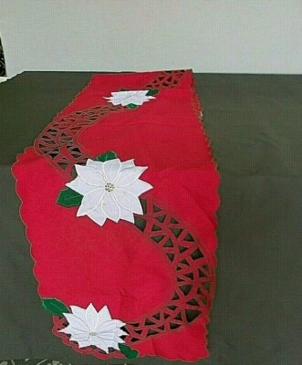 Christmas Embroidered Table Runner & 8 Napkins Red W/White Poinsettias 70" x 13 - Image 1 of 4