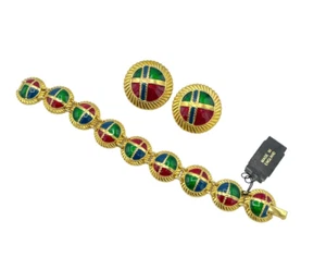 Conjunto de joyería pulsera y pendiente con clip dorado verde rojo y azul esmalte a cuadros - Imagen 1 de 5
