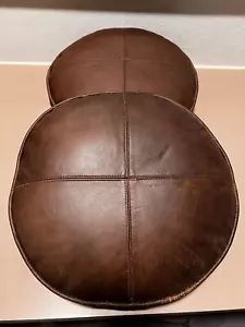 Lambskin Leather Decorative Home Decor Brown Round Leather Cushion 14” Set Of 2 - Picture 1 of 4