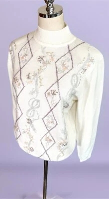 Suéter Vintage Para Mujer Floral Años 80 Blanco Rosa Cottagecore Pequeño Cuello Alto Suave Foto 1 de 4