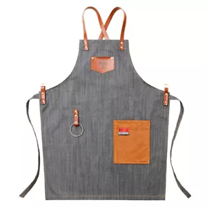 Denim Bib Apron for Coffee Waiter Artisan Wood Craftsman with Leather Strap - Picture 1 of 10