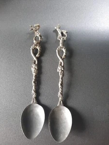 2 Vintage Figural Spoons Italy 5 Inch Demitasse Silver Plate/Brass Top - Picture 1 of 6