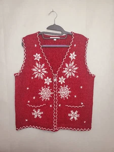 Grandmacore Christmas Winter Full Zip Snowflake Embroidered Ugly Sweater Vest - Picture 1 of 7