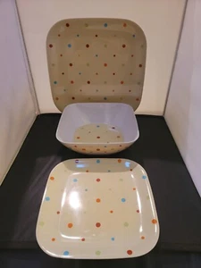 Temp-tations Melamine (Plastic) 4 pc Service (3-pcs each) Polka Dot Set, VG Cond - Picture 1 of 8