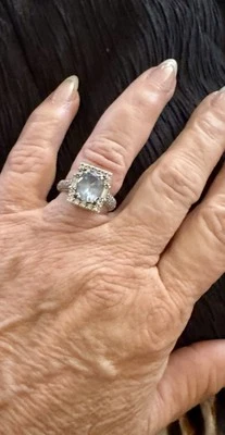 925 marked Sterling Silver Blue Topaz light blue stone scrolled bezel set ring6 - Image 1 of 4