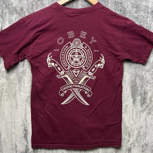 Obey Shirt Mens Small Maroon Indoctrination Graphic Tee Streetwear Dark Arts - Picture 1 of 5