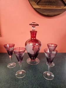 vintage pink cut glass decanter with cordial glasses set of 4 - Picture 1 of 7
