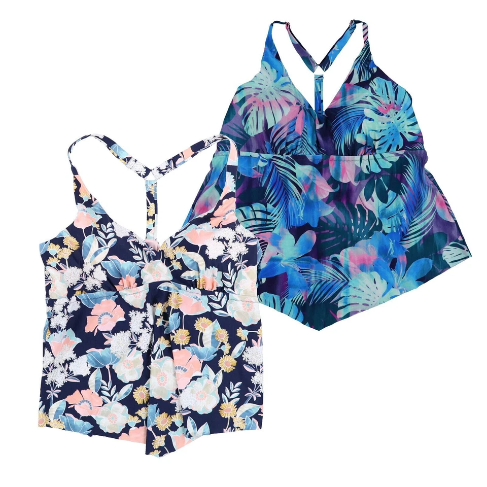 Raisins Curve Womens Plus Size Tankini Top Bathing Suit Swim Blue Tropical New - Изображение 1 из 1