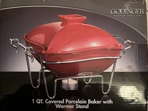 Godinger 1QT Covered Red Porcelain Baker w Lid & Warmer Serving Rack Buffet Dish - Picture 1 of 2