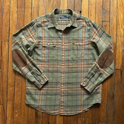Vtg Y2K Polo Ralph Lauren Plaid Flannel Suede Elbow Button Shirt Mens XL Green - Image 1 of 4