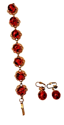 Красный оранжевый треск стеклянные бусины браслет и серьги комплект золотистый металлический зажим на - Изображение 1 из 4