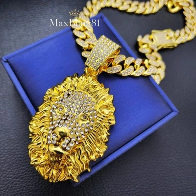 Colgante unisex enchapado en oro cabeza de león circonita cúbica y collar bling cadena cubana helada de 20" Foto 1 de 4