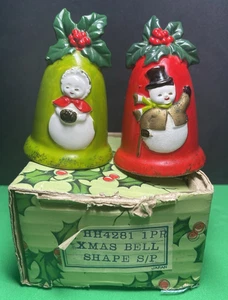 Vntg Lefton Christmas Bells Salt & Pepper Shakers Japan Snowmen & Holly 1950's - Picture 1 of 15
