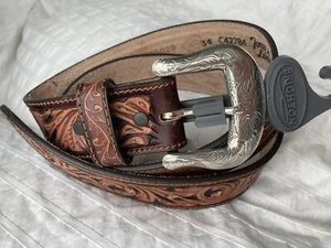 Tony Lama Western Mens Belt Leather Tooled Studded Diamond C42784 - Picture 1 of 3