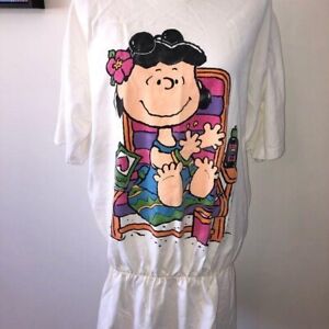 Vintage Peanuts Swim Coverup Womens 90s Lucy Graphic Short Sleeve Cotton White