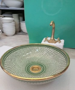 Ceramic Sink ,bowl sink Green sink, sink rim Brass ,Bathroom sink - Moroccan - Picture 1 of 3