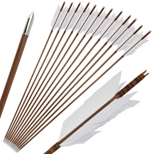 33'' Archery Bamboo Arrow 4 Feather Longbow Traditional Recurve Bow Tips Hunting - Picture 1 of 26