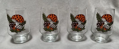 NEW Vintage 1970s Set of 4 Sears Merry Mushroom 5in Beverage Glass Tumblers RARE - Image 1 of 4