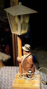 19" VINTAGE Carved German Black Forest Lamp Post Drunk Drunkard Man w/ Music Box - Picture 1 of 6