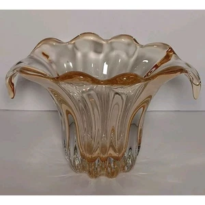 Vintage gerippt Bernstein Kunst Glas Vase Tropf Wasserfall Tulpe Behälter 6" Höhe  - Bild 1 von 10