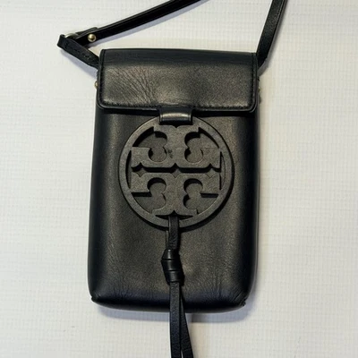 Tory Burch Miller Phone Crossbody Bag Womens Black Leather Logo Medallion Tassel - Image 1 of 4
