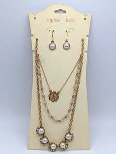 Sophia & Kate Faux Pearls  Rhinestones Gold Tone Necklace & Earring Set - Picture 1 of 4