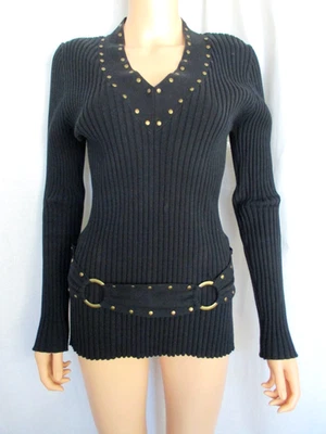 Kenar Sweater XL Black V Neck Attached Belt With Bronze Stud Accents - Image 1 of 4