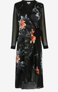 COAST MOIRA BLACK FLORAL BURNOUT SHEER SLEEVED FULL WRAP DRESS Uk 16 NWOT £129 - Picture 1 of 15