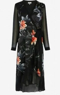 COAST MOIRA BLACK FLORAL BURNOUT SHEER SLEEVED FULL WRAP DRESS Uk 16 NWOT £129 - Image 1 of 4