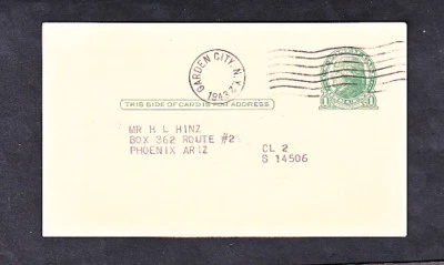 UX27 POSTAL CARD GARDEN CITY NEW YORK TO PHOENIX ARIZONA 1943 - Image 1 of 2