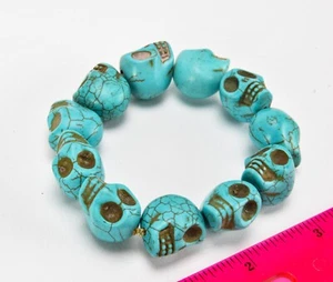 Turquoise Clay Skull Beaded Bracelet Hand Strung - Day of the dead, Halloween - Picture 1 of 5
