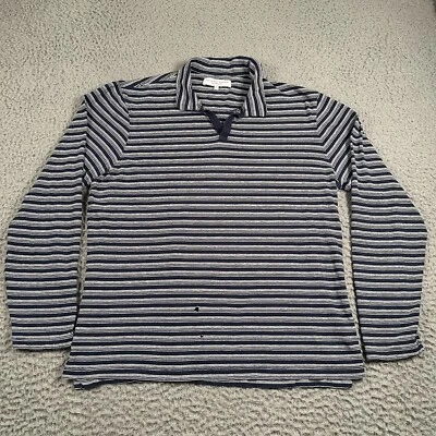 Orlebar Brown Polo Shirt Mens 2XL Blue White Stripe Linen Blend Long Sleeve Flaw - Image 1 of 4