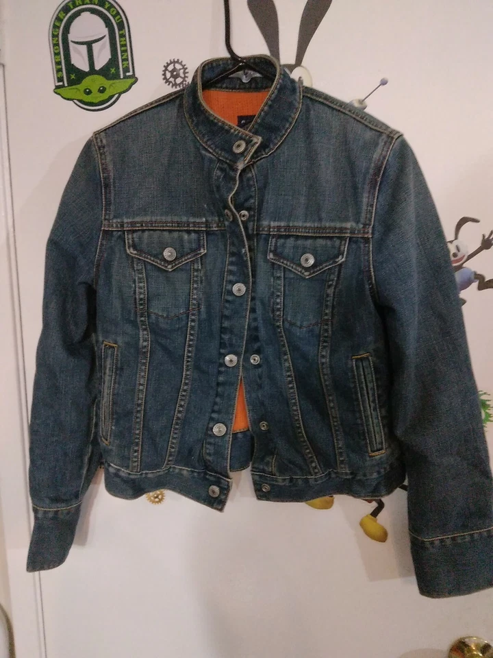 Small Juniors Gap Womens Blue Denim Jean Jacket Sweater Lined Orange Flake crop - Image 1 of 4