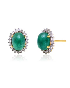 18k Yellow Gold Stud Earrings Emerald Gemstone Natural Diamond Fine Gift Jewelry - Picture 1 of 7