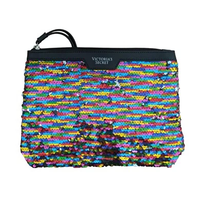Victoria’s Secret Negro Arco Iris Colorido Lentejuelas Cosmético Accesorio Bolsa Cartera Foto 1 de 4