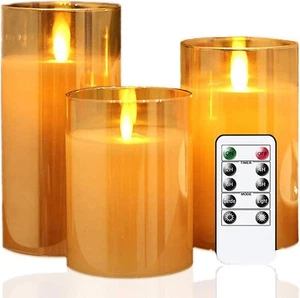 Flameless LED Candle Set with Remote Timer - Gold Glass Look, Real Wax Feel - Picture 1 of 9