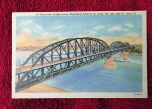 Curt Teich MacArthur Bridge attraverso il Mississippi St. Louis, MO East St. Louis IL - Foto 1 di 2