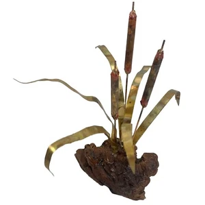 Vintage MCM Metal & Wood Base Sculpture Cattail Brutalist Decor 12” - Picture 1 of 10