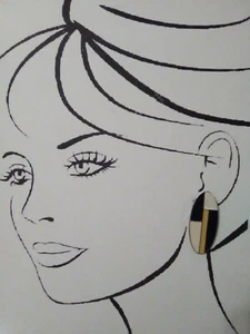 VINTAGE CLIP EARRINGS BUTTON STYLE MONDRIAN INSPIRED GOLD CREAM NAVY COLOR BLOCK - Picture 1 of 2