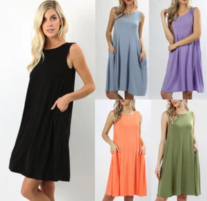 Abito donna basic senza maniche tinta unita linea A tasche laterali swing tunica canotta S-3X - Foto 1 di 10