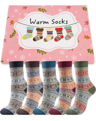 STOEURY 5 Pairs Womens Thermal Winter Wool Socks Breathable Cozy Thick Sock Colourful...