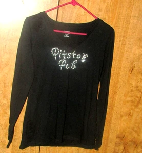 "Pit Stop Pub" rhinestones black T-SHIRT  Mossimo  M (E- AA) - Picture 1 of 3