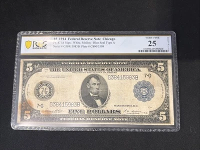 1914 $5 Federal Reserve Note Chicago FR #871A PCGS VF25 - Image 1 of 2