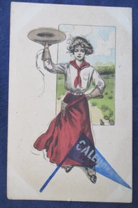 ca1910 Caledonia Michigan Cowgirl Pennant Hand Colored Greeting Postcard - Picture 1 of 2