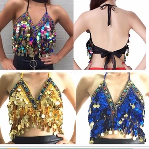 Disfraz de danza del vientre Sujetador con flecos lentejuelas Prendas para el torso Festival de Carnaval Fiesta Club Prenda para el torso recortada - Imagen 1 de 20