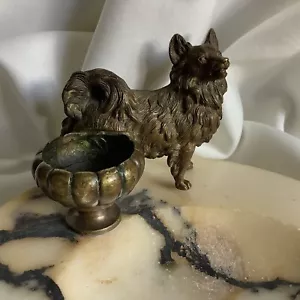 Spitz Dog Pedigree Pet Antique Bronze White Marble Art Nouveau Jewelry Tray Wien - Picture 1 of 15