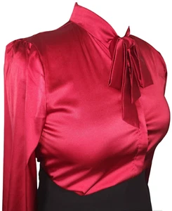 Burgundy Satin pussybow blouse hidden button placket. 44"/44" bust. New 16/18 UK - Picture 1 of 5